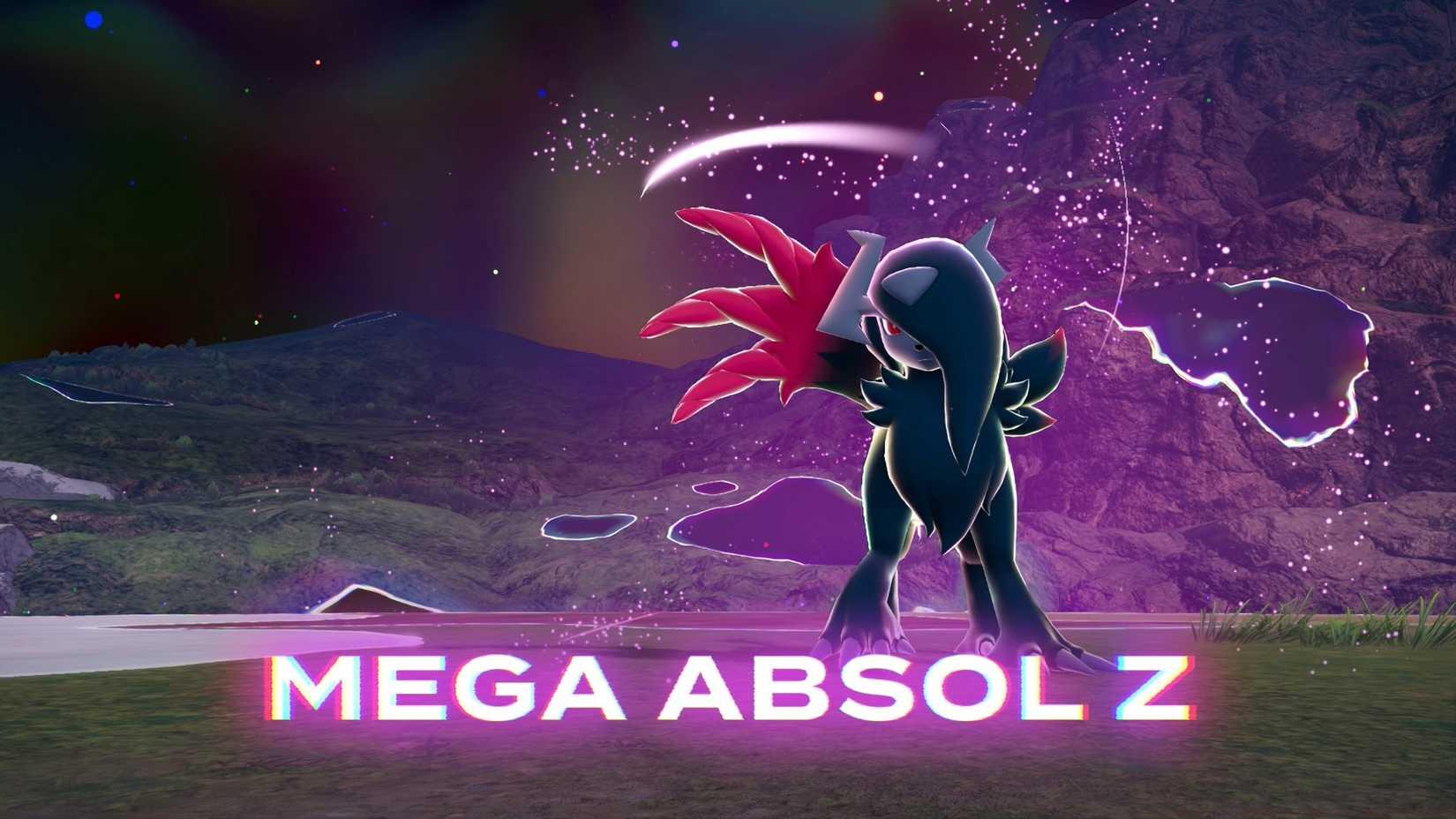 Mega Absol Z, as seen in Pokémon Legends: Z-A. It's black with a huge red claw-like wing coming out of its back.