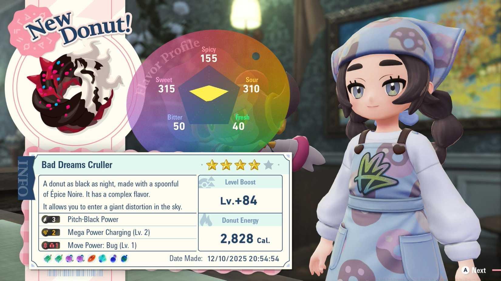Ansha with a completed Bad Dreams Cruller donut in Pokémon Legends: Z-A.