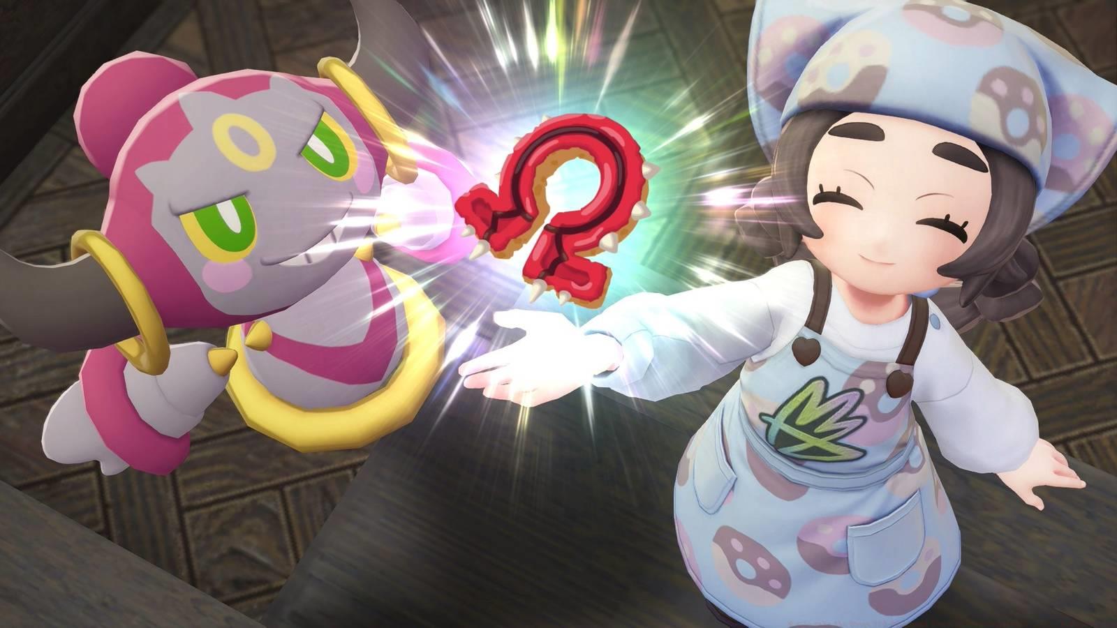 Ansha and Hoopa hold up an omega sign-shaped donut in Pokémon Legends: Z-A