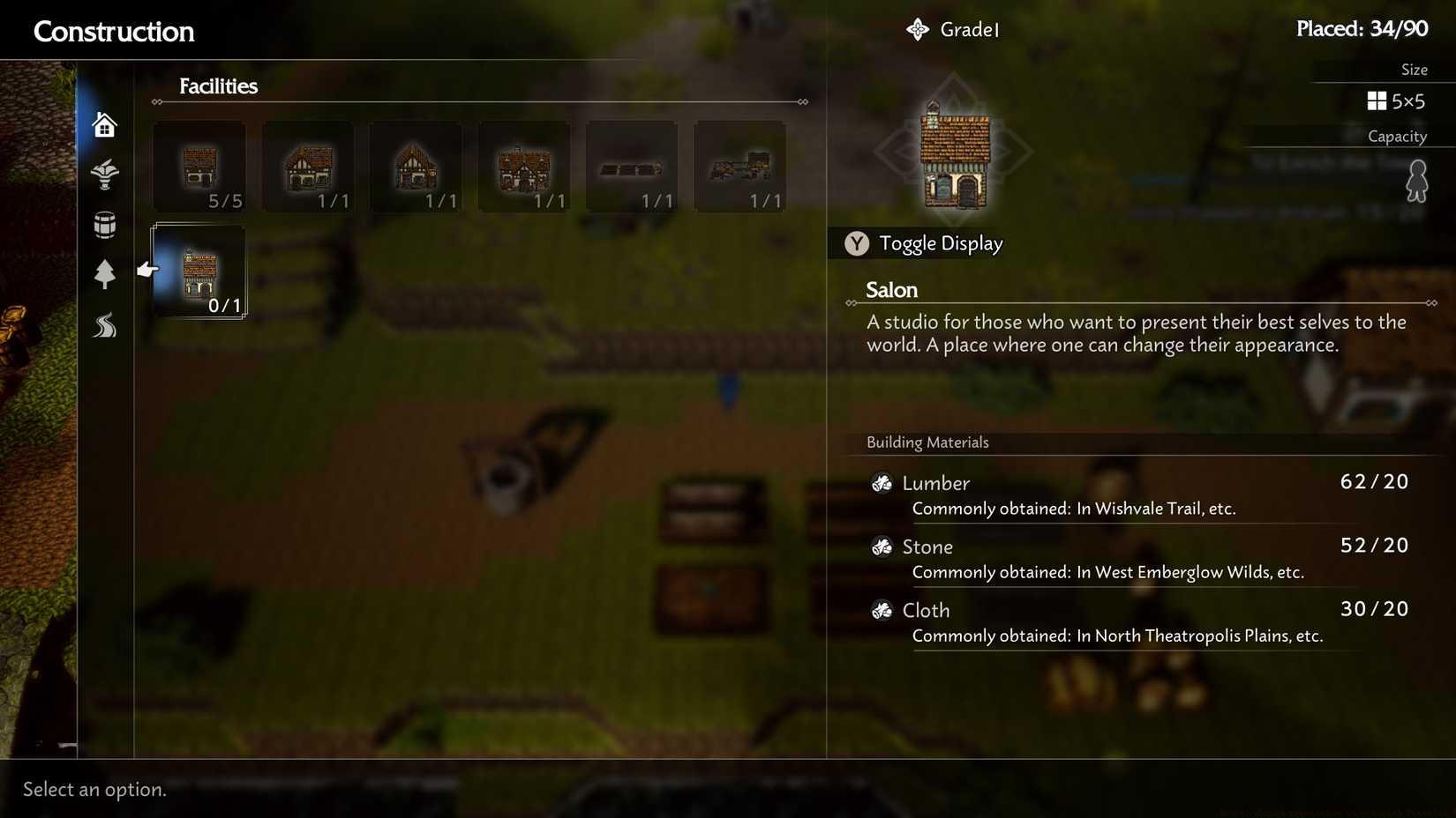 An Octopath Traveler 0 screenshot showing the building meny and the salon blueprint