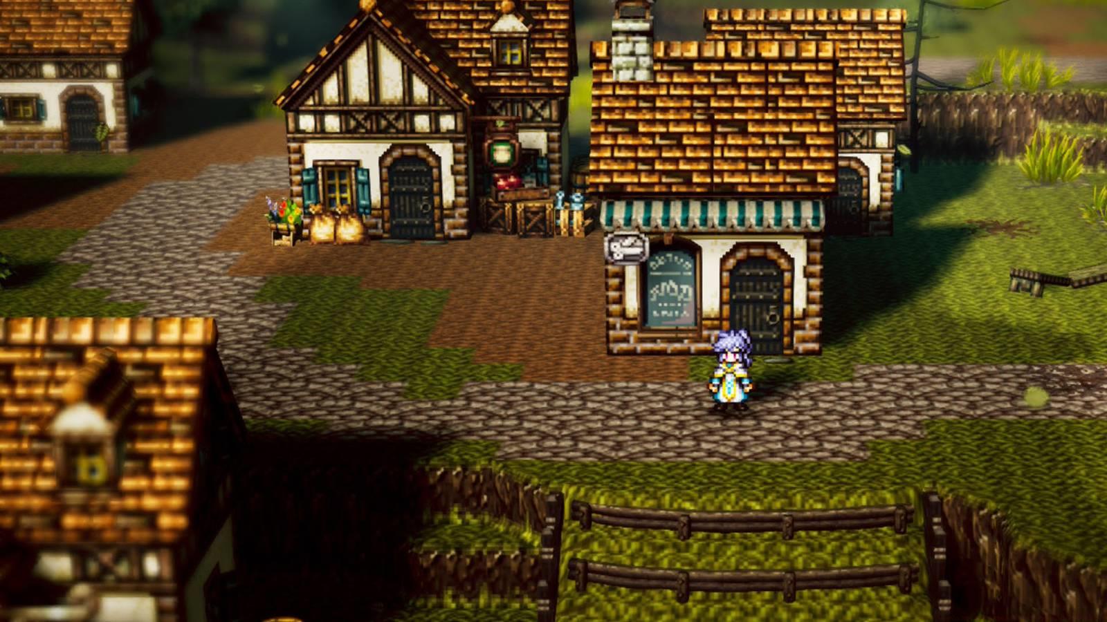 An Octopath Traveler 0 screenshot showing my character in front of the salon in Wishvale