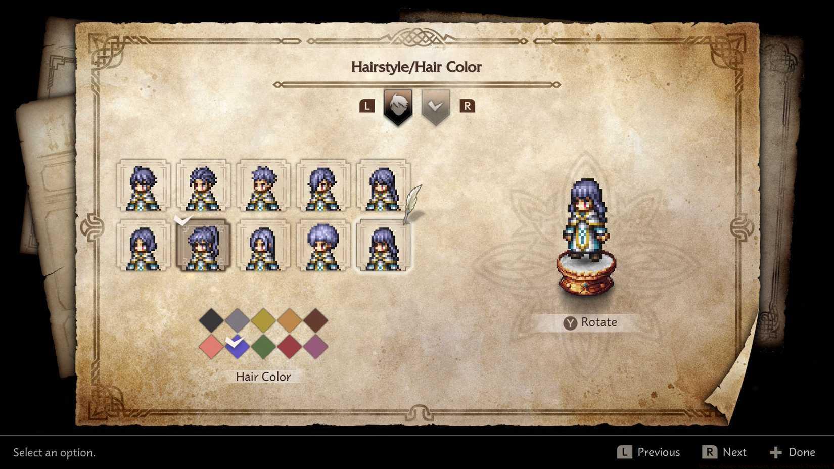An Octopath Traveler 0 screenshot showing the salon menu where you can change your character's appearance. 