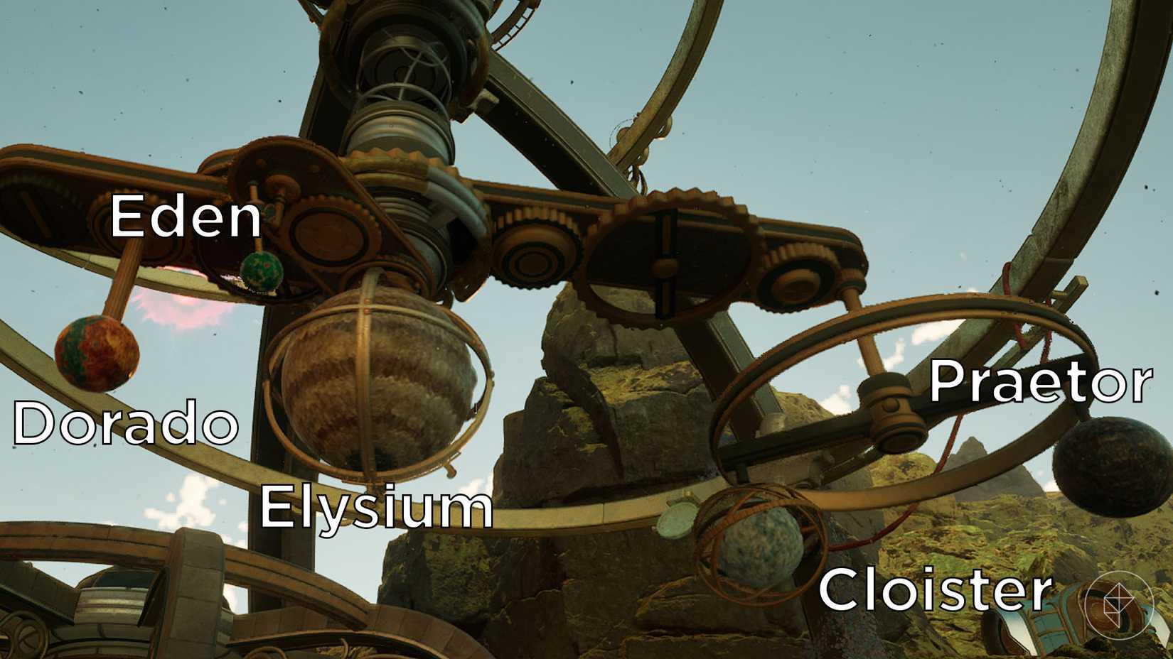 A labeled version of the orrery from the observatory in The Outer Worlds 2.