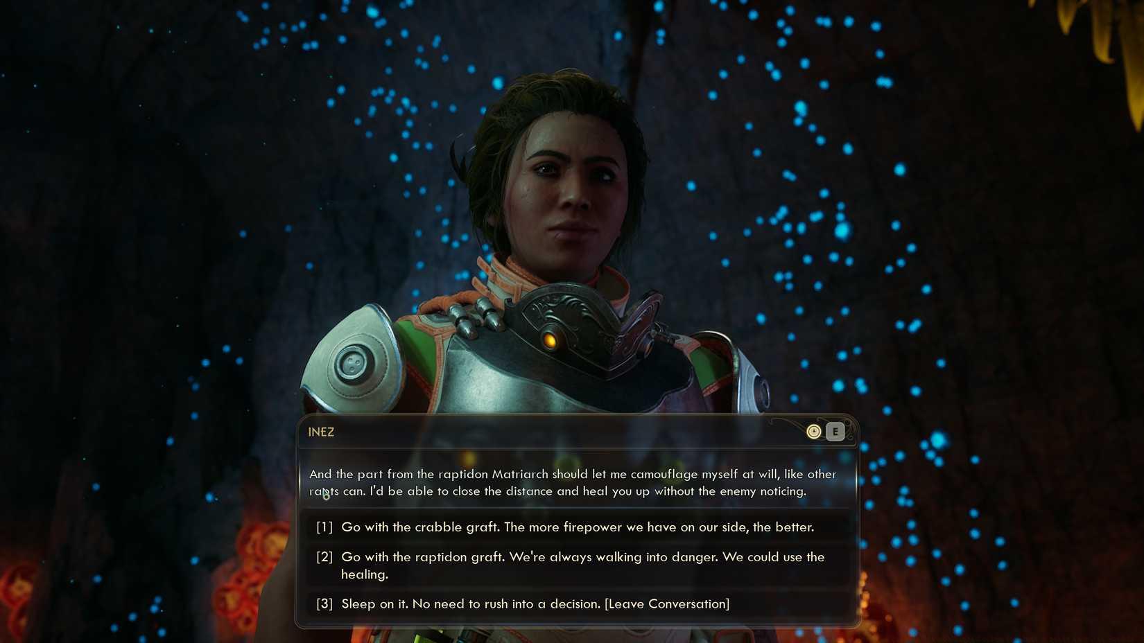 Inez contemplating what she can do with her graft in Outer Worlds 2