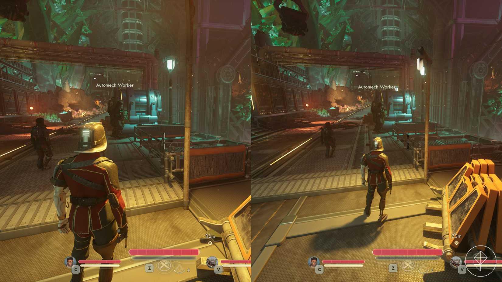 A picture showing the nearby third-person perspective on the left, and the far away third-person view on the right in The Outer Worlds 2.