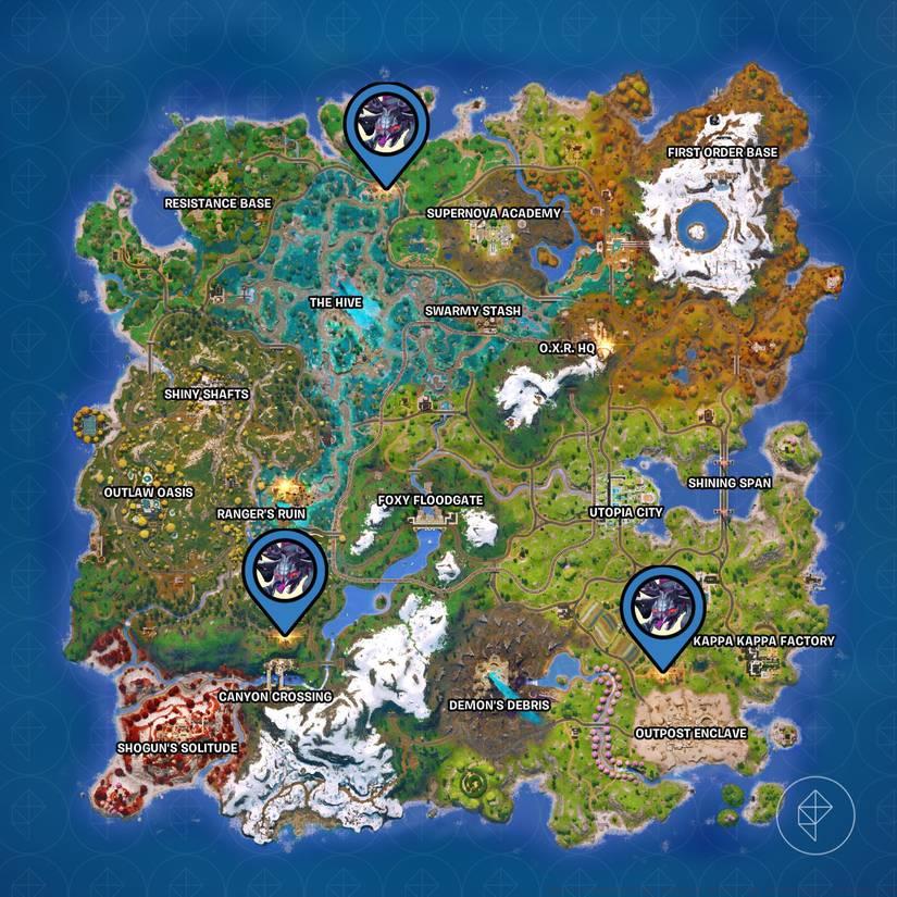 The location of the three infected outposts marked on the Fortnite Chapter 6 Season 4 map with a pin.