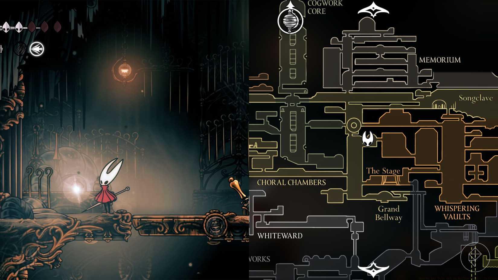 Hornet standing next to the Pale Oil location in the needle shop in Choral Chambers in Silksong.