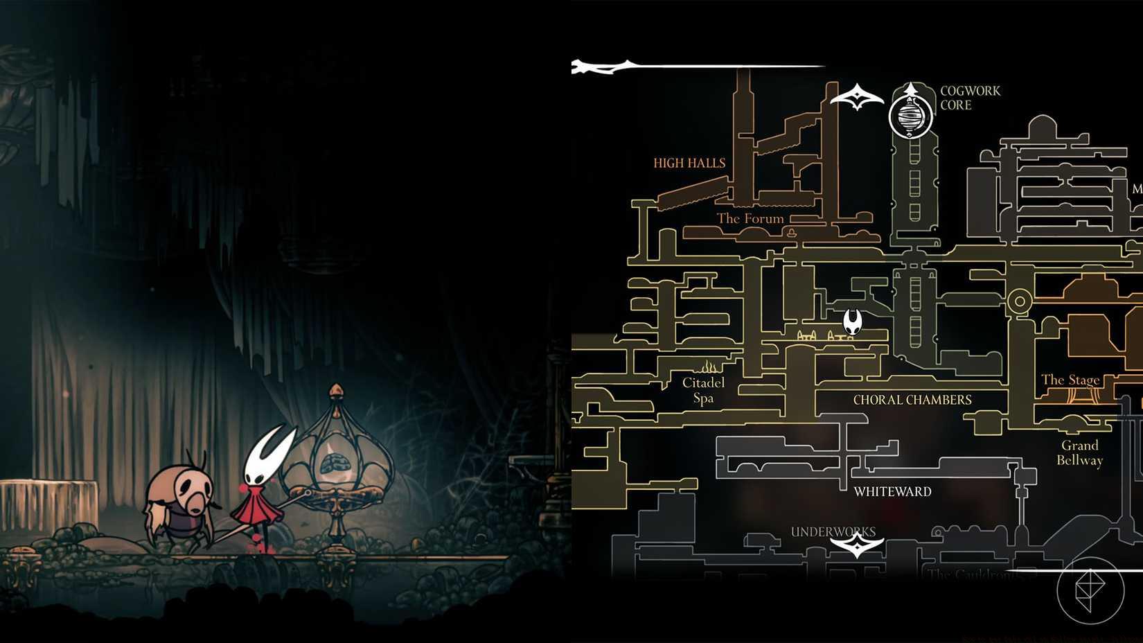 Hornet standing beside Loyal Mergwin in Choral Chambers in Silksong.