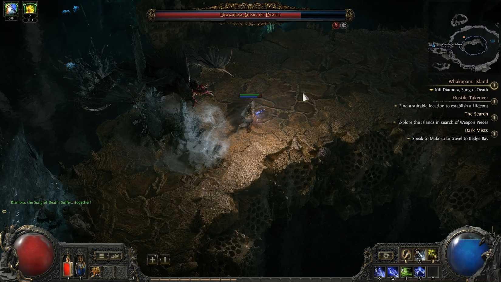 A Path of Exile 2 screenshot showing the fight against the Diamora, Song of Death boss