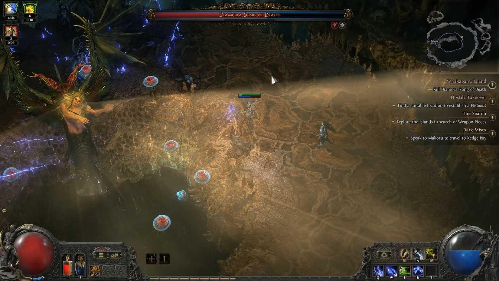 A Path of Exile 2 screenshot showing the second phase of the fight against Diamora, Song of Death