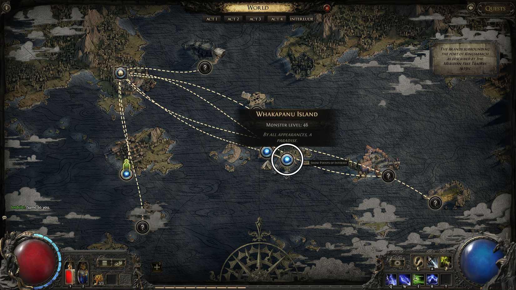 The Act 4 map from Path of Exile 2 with the Whakapany island circled