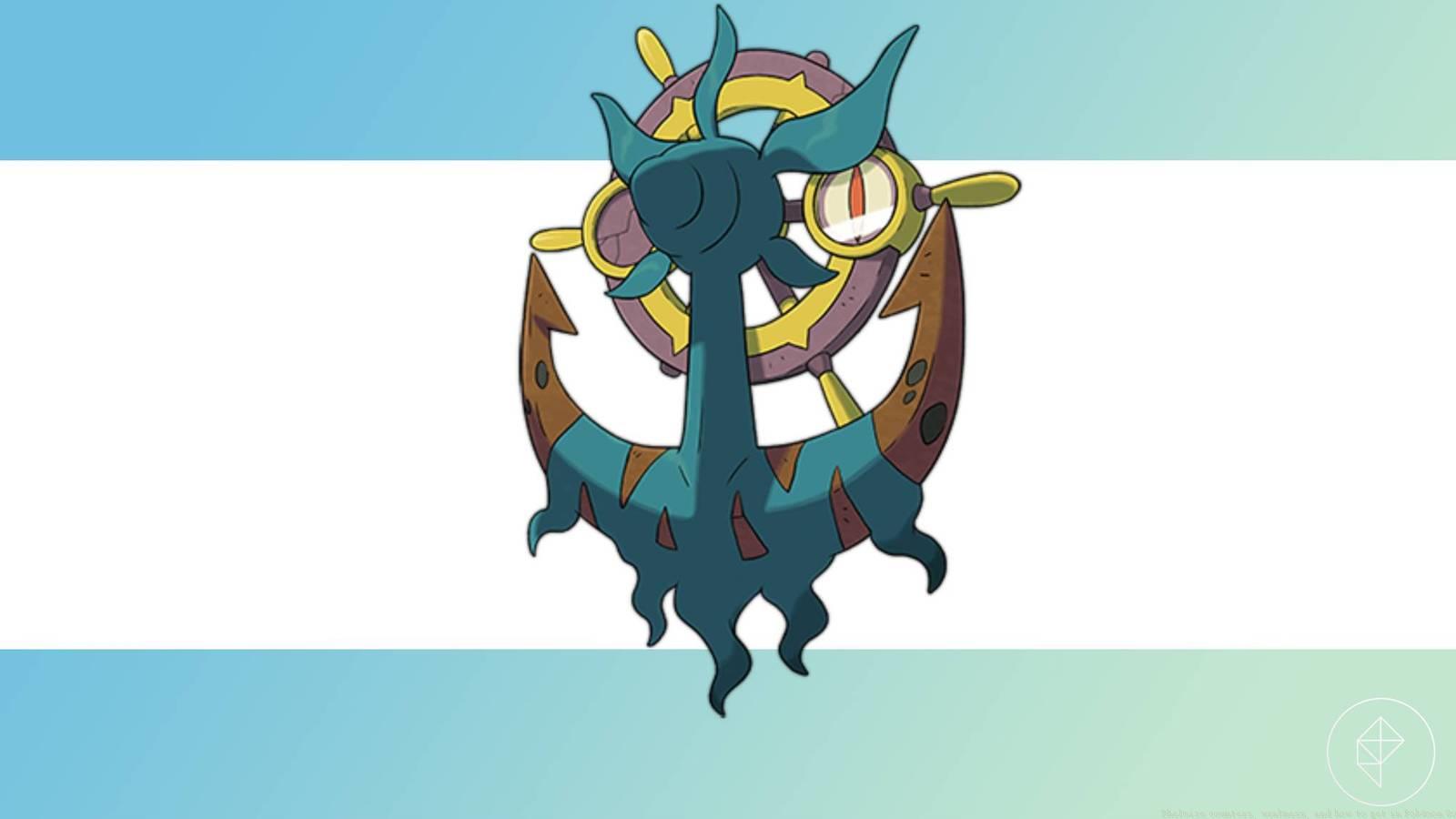 Pokémon Dhelmise on a striped background