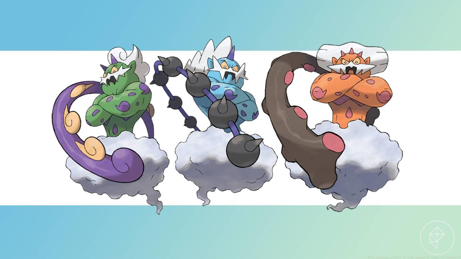 Tornadus, Thundurus and Landorus on a striped background