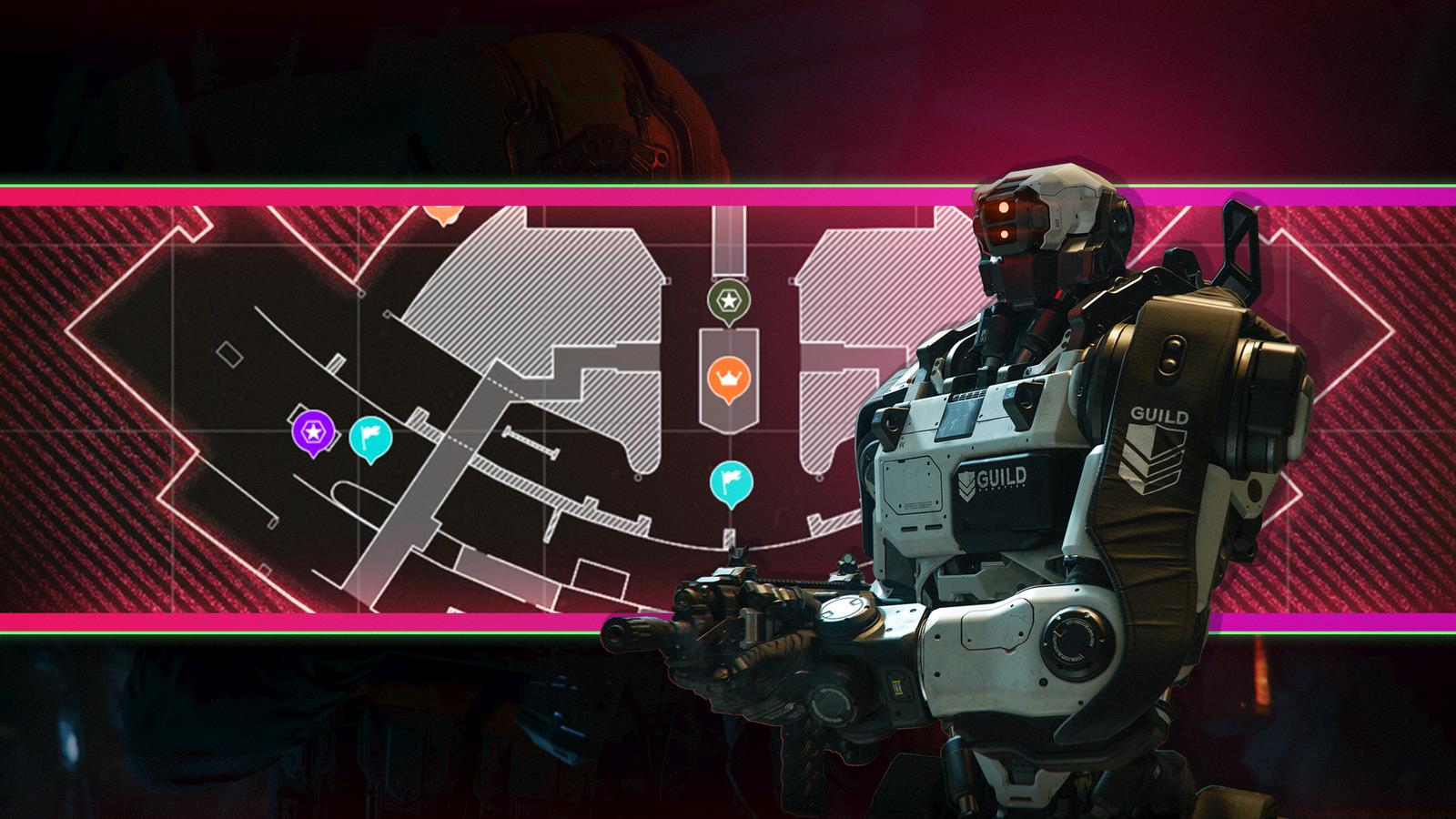 A tactical robot unit positioned before an Express map layout in Call of Duty: Black Ops 7