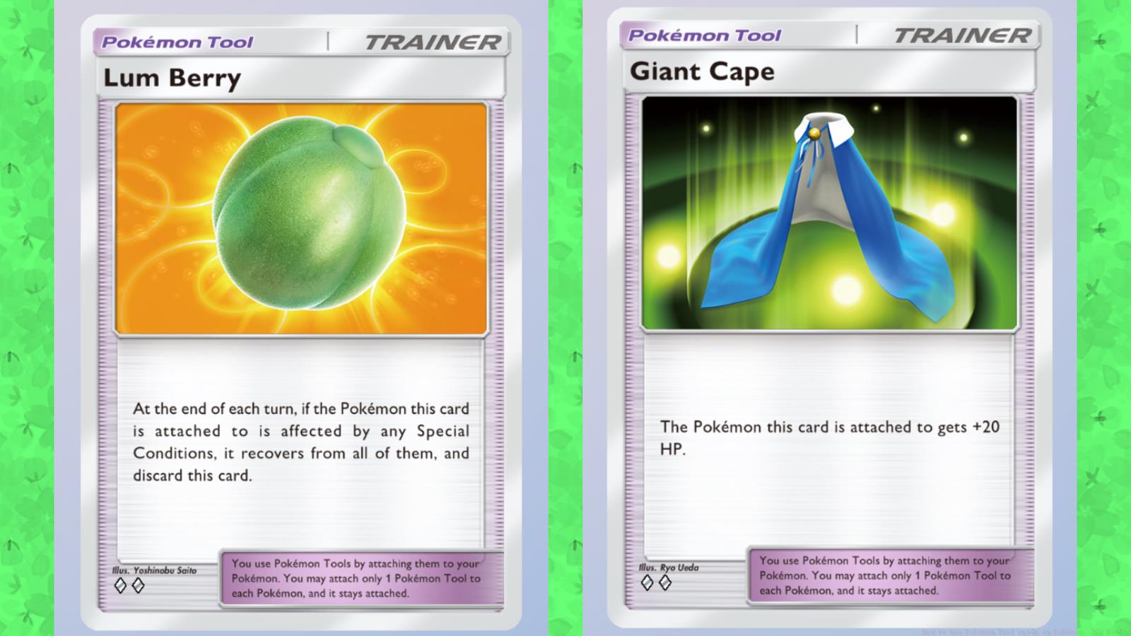 A graphic containing two Tool cards in TCG Pocket: Lum Berry and Giant Cape.