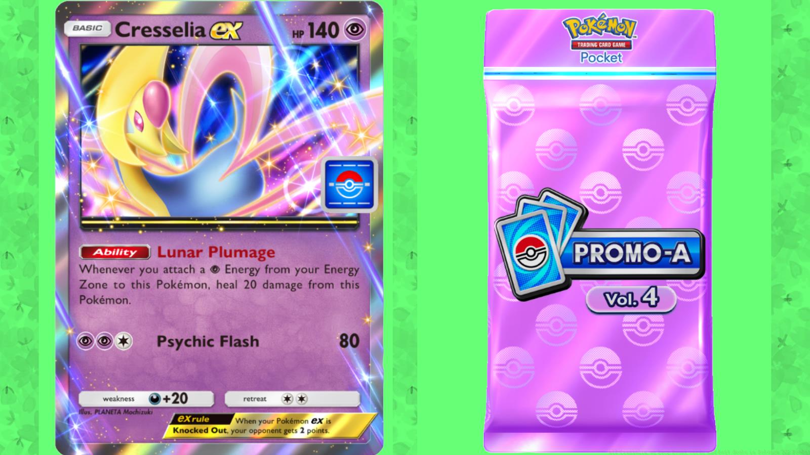 A graphic showing Cresselia ex and a booster pack in Pokemon TCG Pocket.
