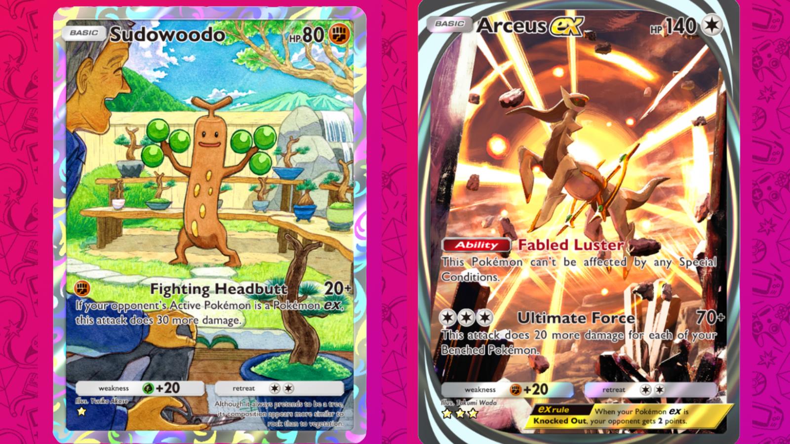 A graphic showing two images of a two cards side by side in Pokemon TCG Pocket layered over a pink background. The one on the left shows Sudowoodo and the one on the right shows Arceus ex.
