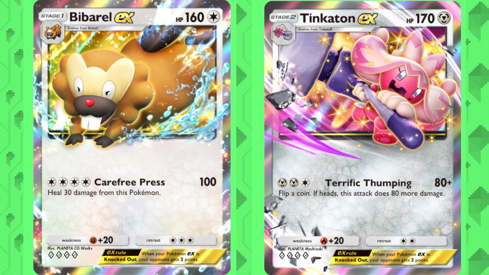 A graphic showing Bibarel ex and Tinkaton ex in Pokemon TCG Pocket layered over a lime-green background.