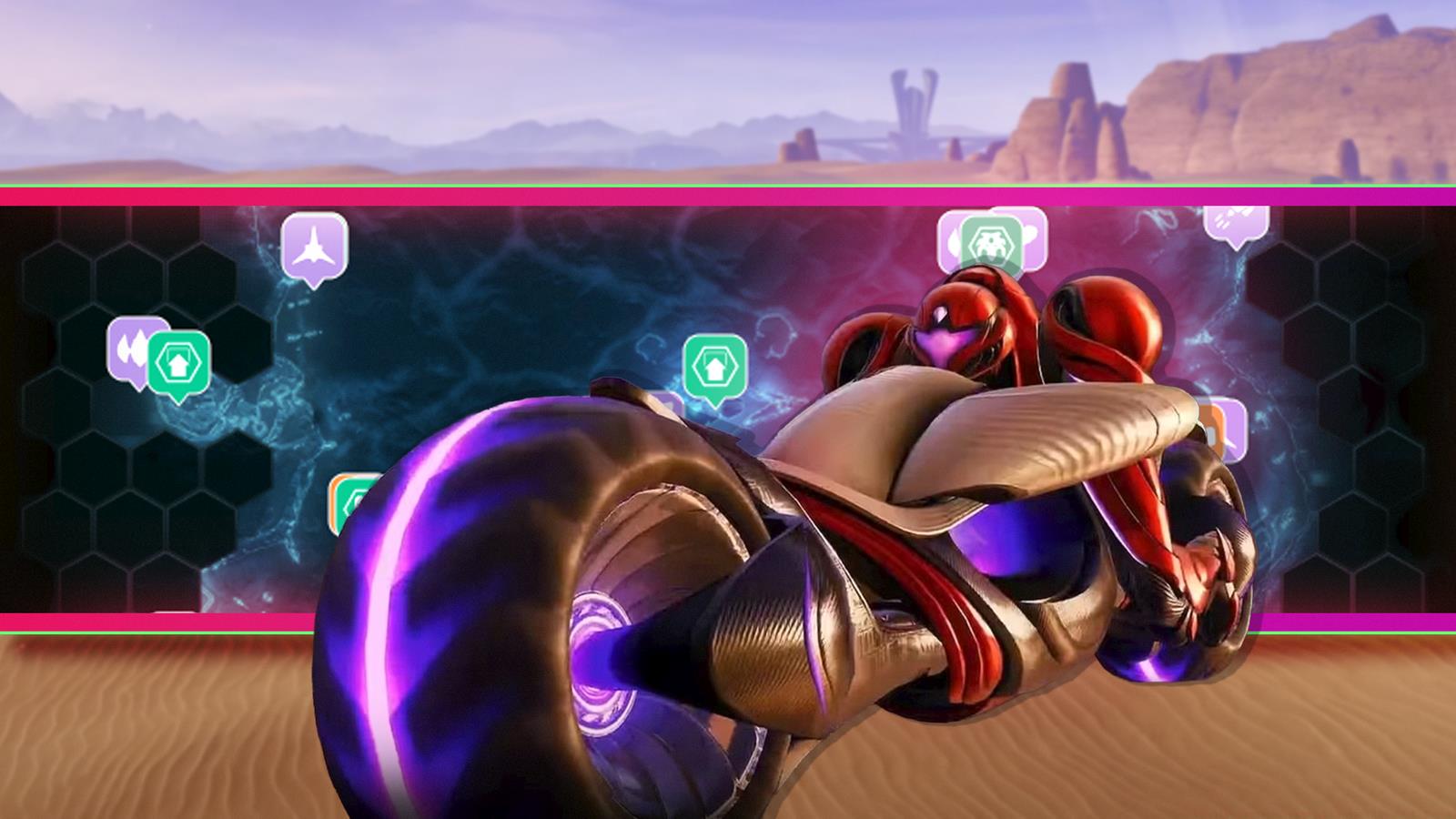 Samus on her motorcycle over a map of Sol Valley