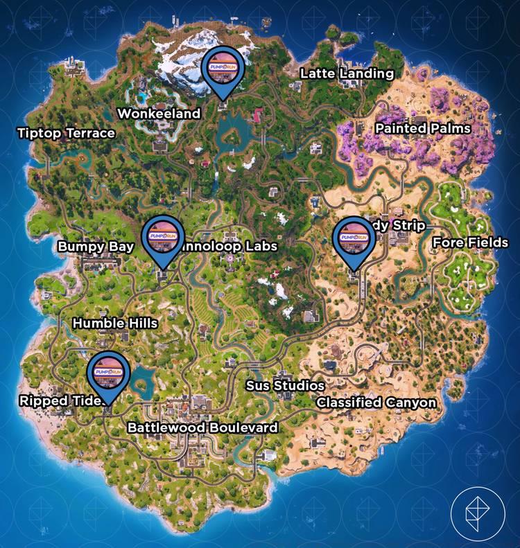 Pump N' Run gas station locations in Fortnite Chapter 7 Season 1.