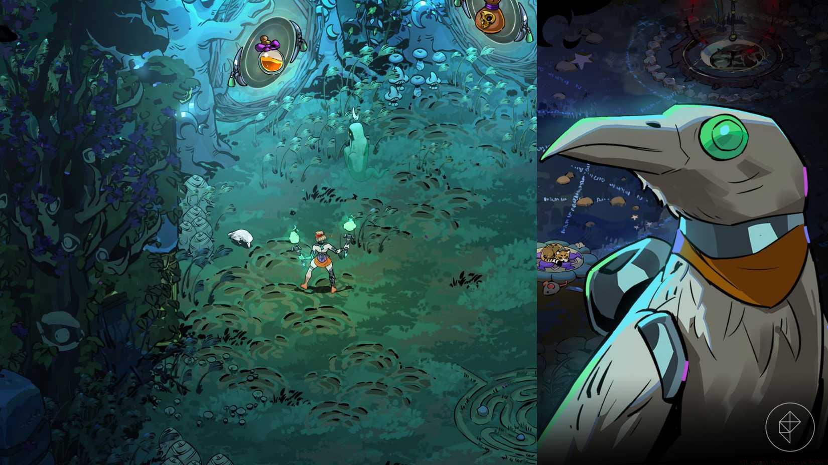 Raki the Raven pecking at the ground in Hades 2.