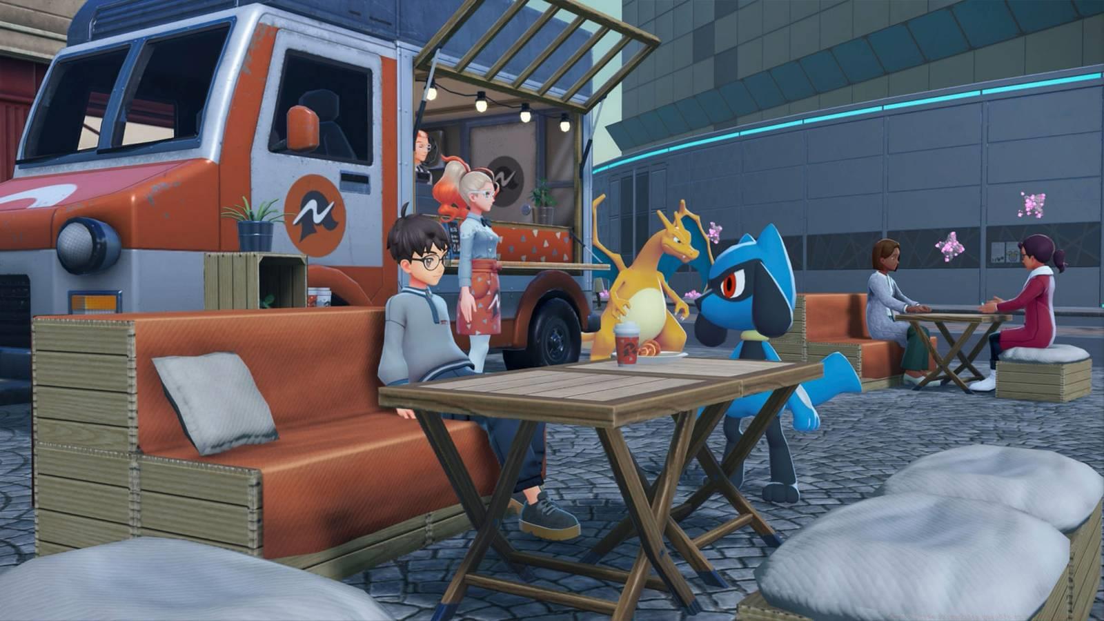 The trainer at the Nouveau Café with their Riolu in Pokémon Legends: Z-A.