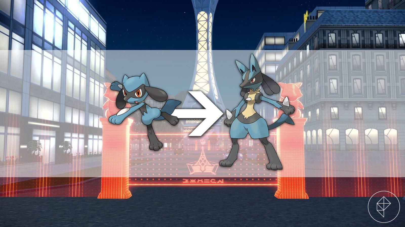 Riolu with an arrow behind them pointing towards Lucario in front of the Prism Tower in Pokémon Legends: Z-A.