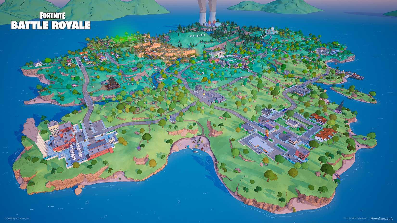 An isometric view of the Fortnite Simpsons mini season map, Springfield Island.