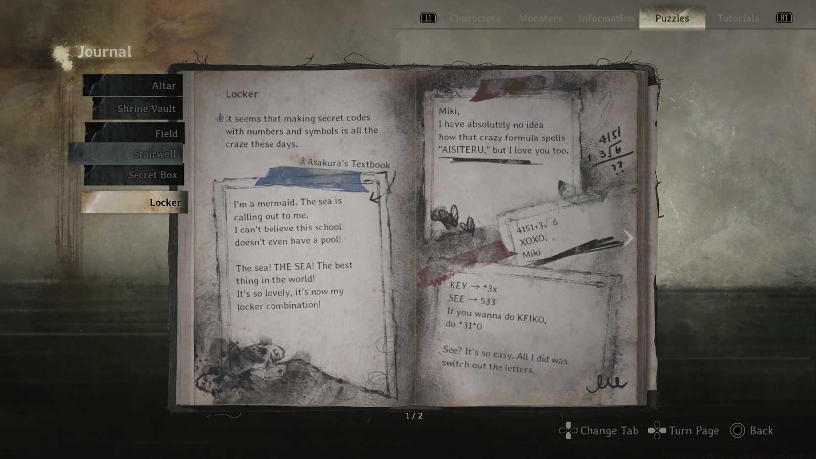 The locker code journal entry in Silent Hill f