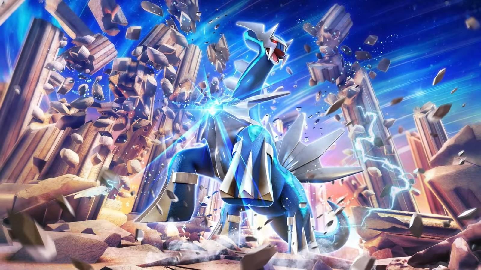 An image of Dialga in a trailer advertising Pokemon TCG Pocket Space-Time Smackdown. It's bursting through some pillars and the stone on its chest is glowing.