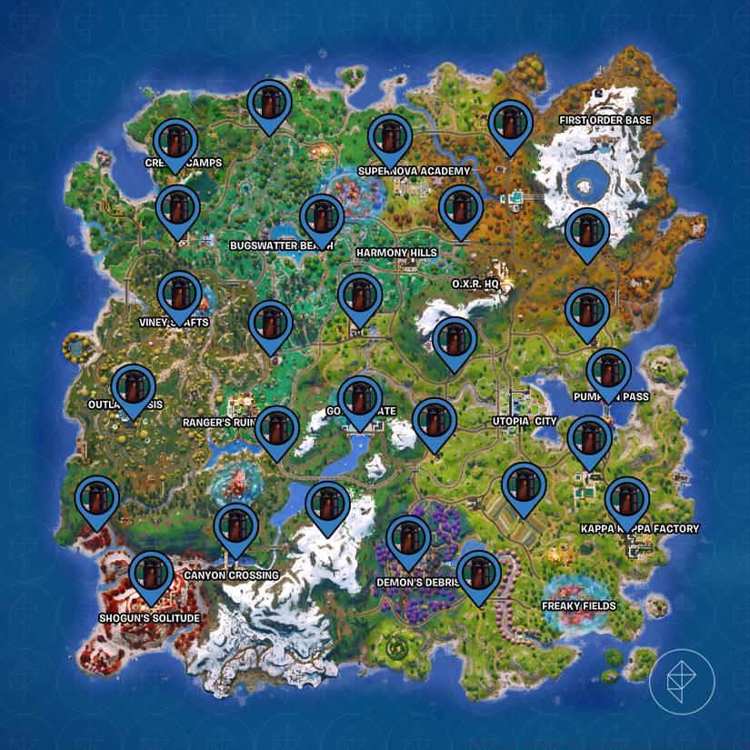 Stalkbox locations marked on the Fortnite map.