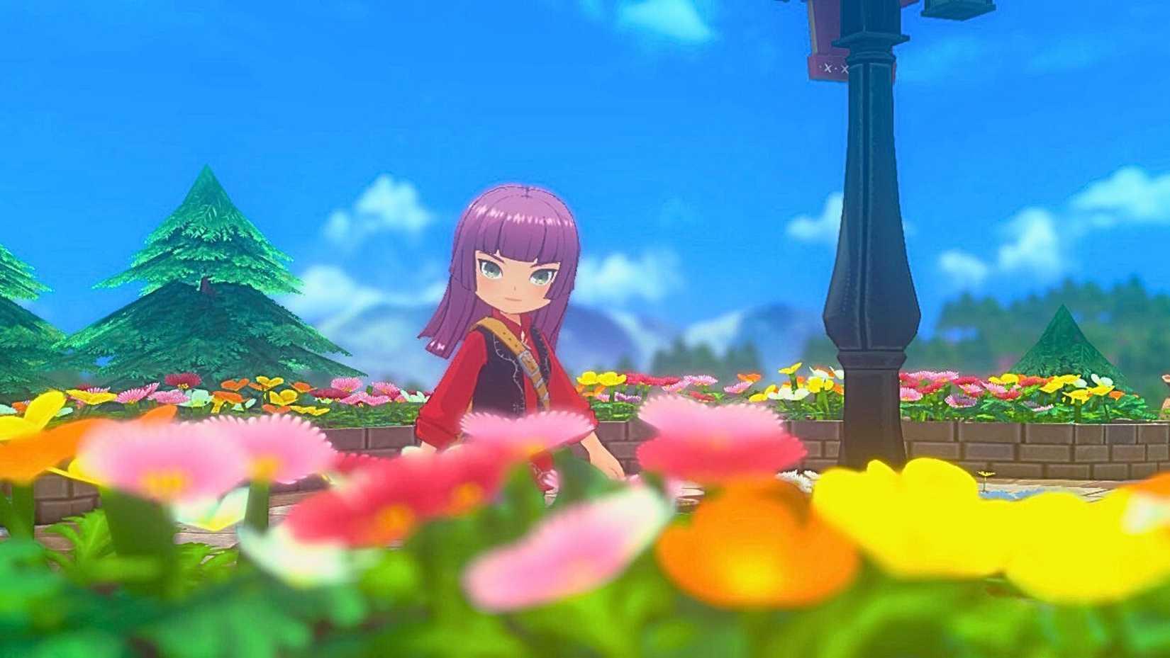 The protagonist stands in a field of multi-colored flowers. She has purple hair and a black and red outfit on. A screenshot from Story of Seasons: Grand Bazaar