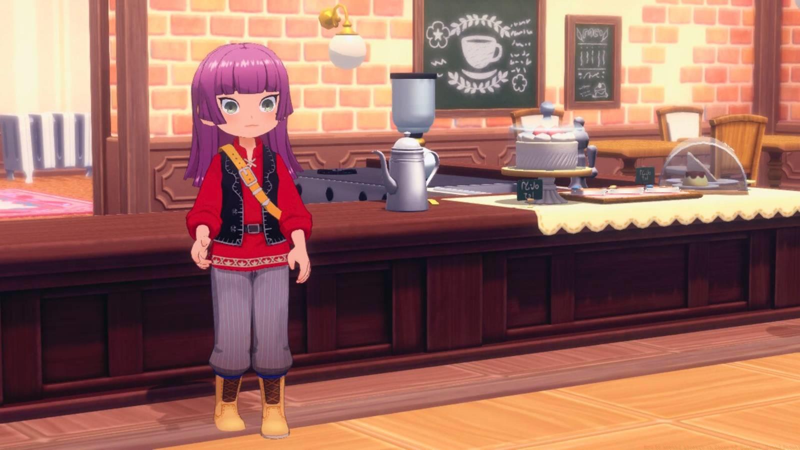 Image from Story of Seasons Grand Bazaar. The player character, wearing a black and red outfit with a bag over their shoulder, looks shocked.