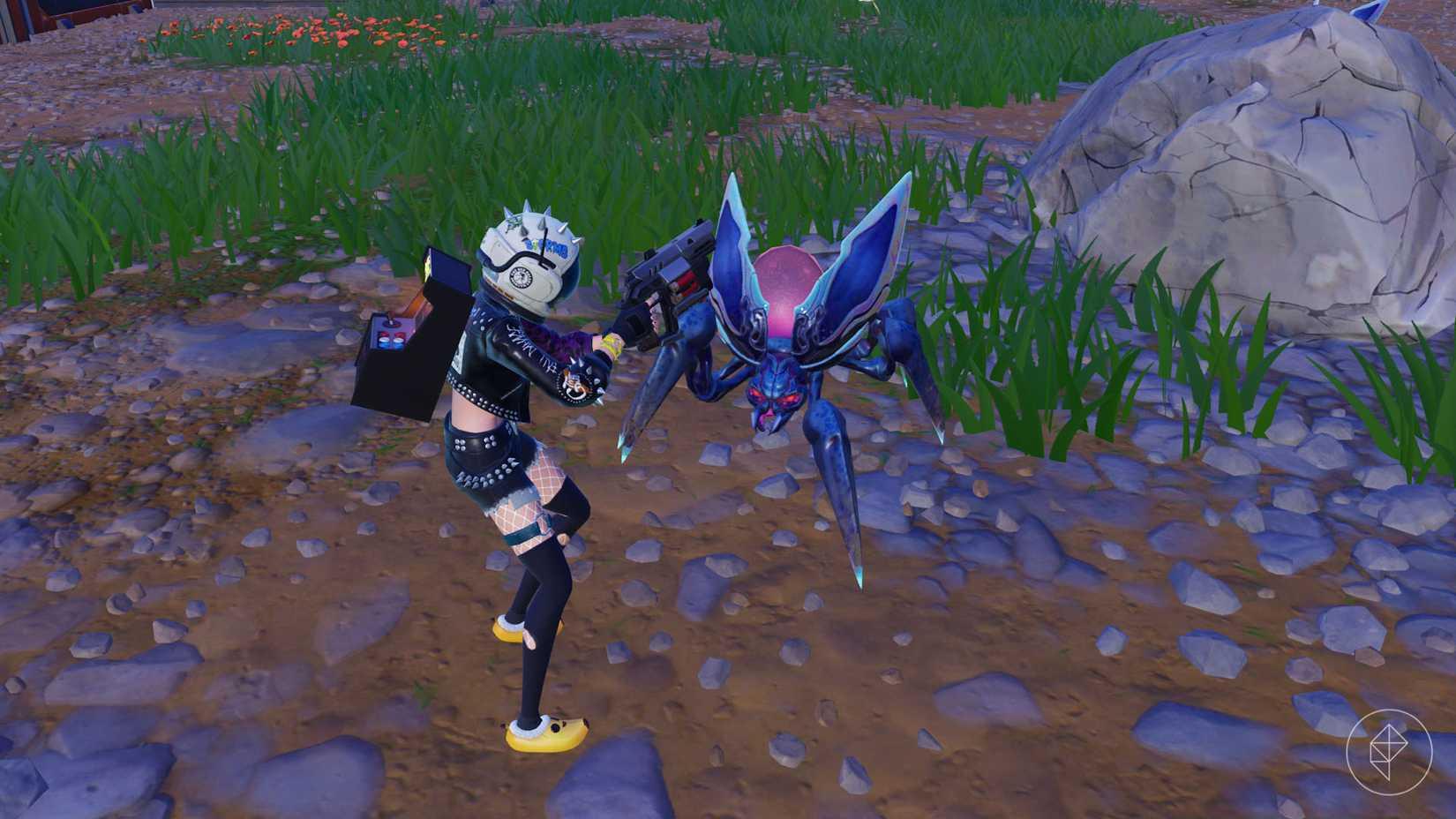 A Fortnite character standing next to a Swarmer bug in Fortnite Chapter  6 Season 4.