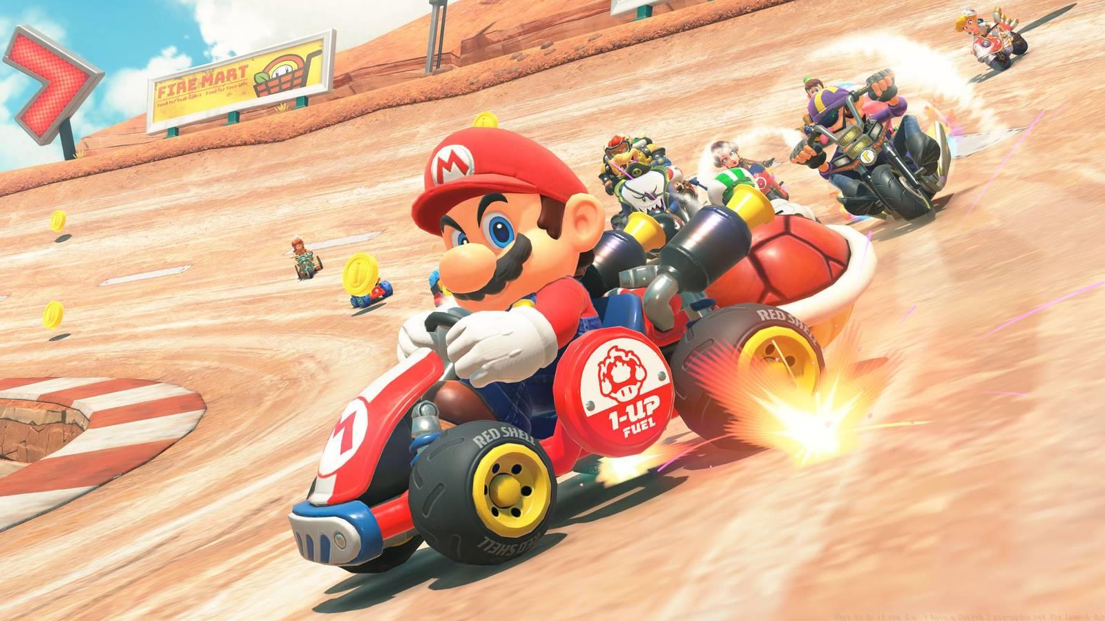 A close up of Mario in Mario Kart World