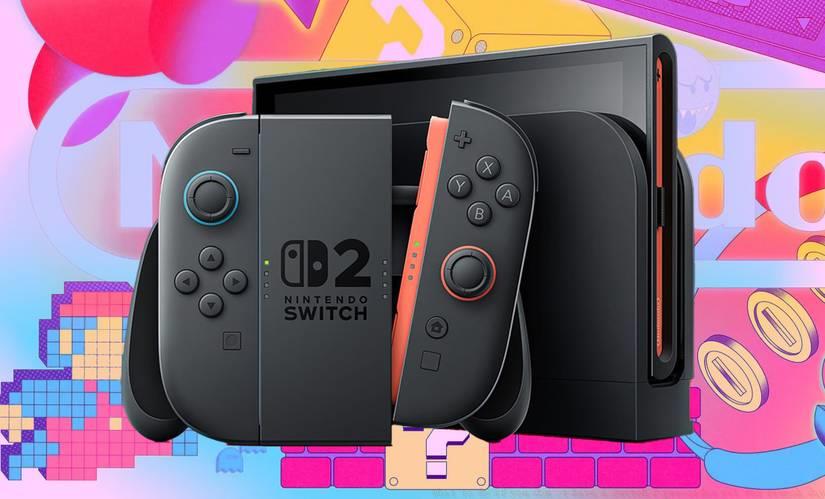 Switch 2 console in front of an illustrated background of Nintendo characters