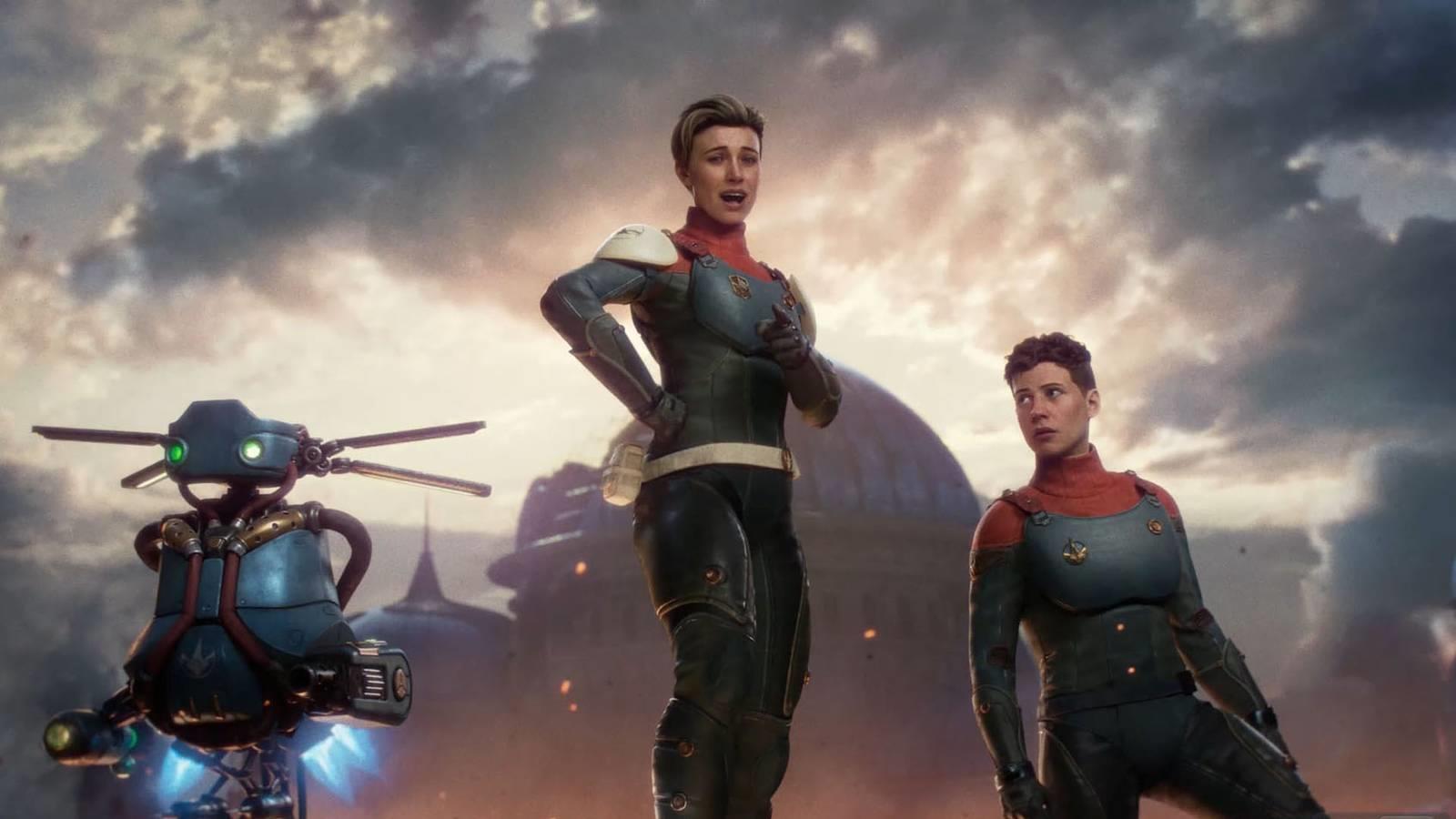 A The Outer Worlds 2 screenshot showing three Earth Directorate agents