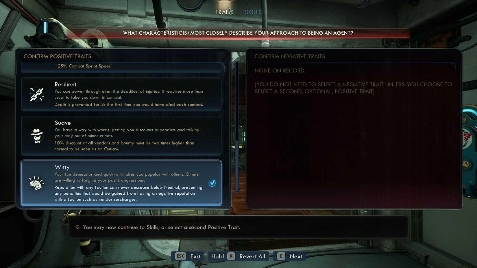 A The Outer Worlds 2 screenshot showing the respec menu screen where you can change your traits and skills