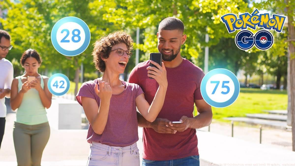 Two walking people smile at a phone while various Pokémon Go levels float around them.