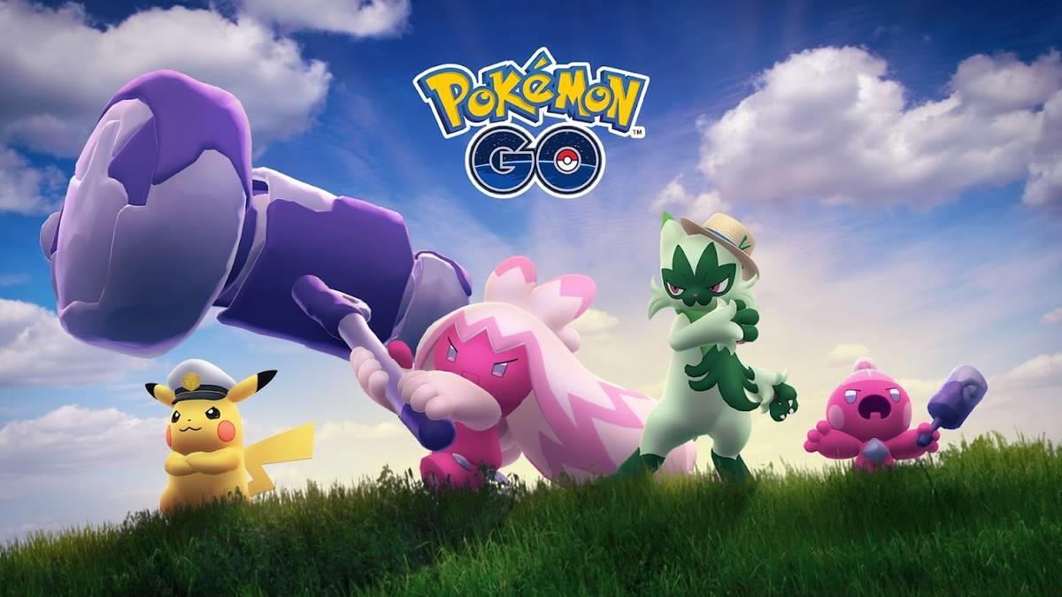 Tinkatink, Tinkaton, Floragato, and Pikachu together in Pokémon Go