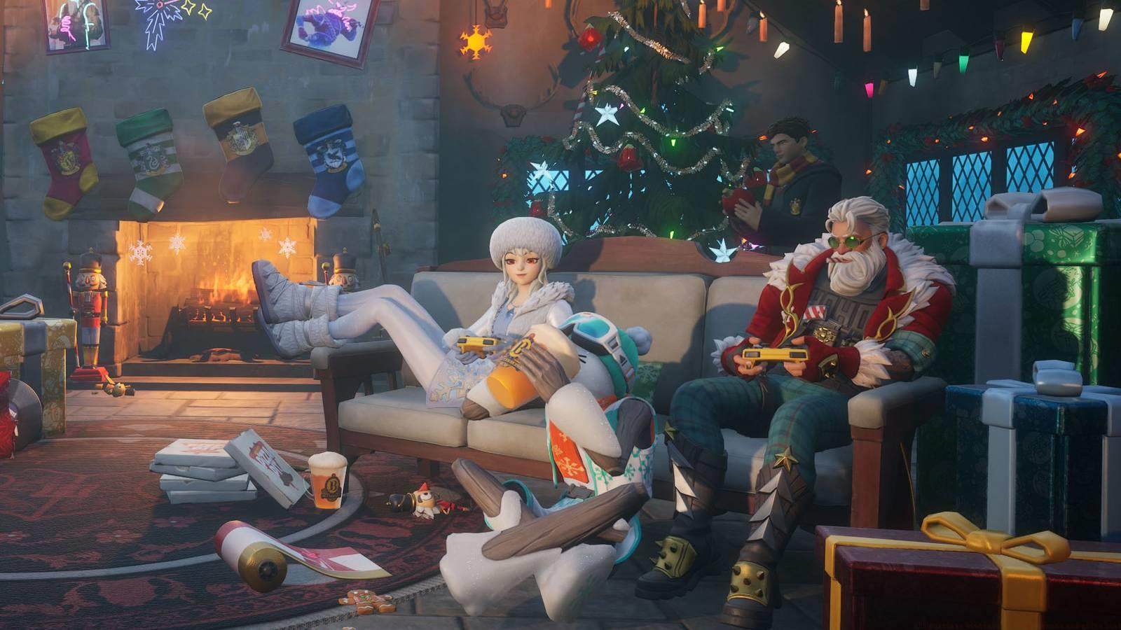 Fortnite characters sitting in the Winterfest 2025 lodge.