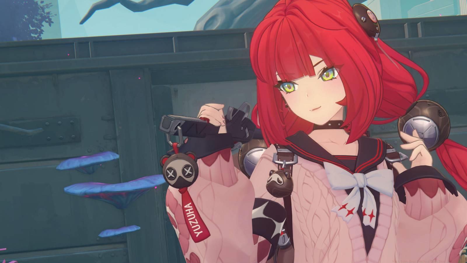 A Zenless Zone Zero screenshot showing a girl with red hair named Ukinami Yuzuha